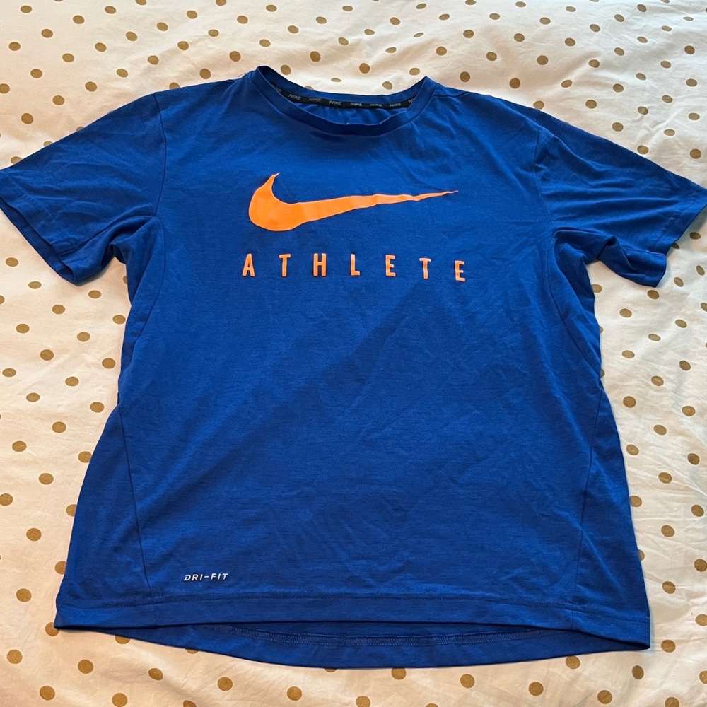 Nike Royal Blue Tee with Orange Swoosh and Text